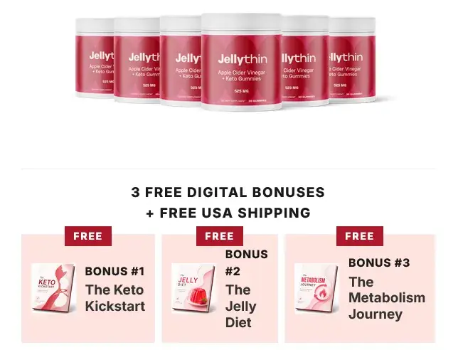 Visivra-Official-Website JellyThin 6 bottles bundle package with 3 free digital bonus eBooks including The Keto Kickstart, The Jelly Diet, and The Metabolism Journey with free USA shipping.